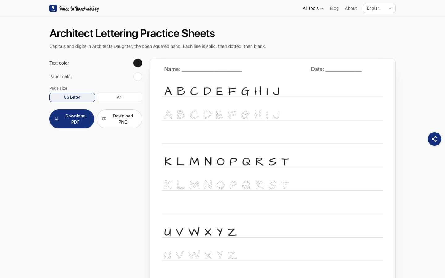 Practice squared handwriting for fifteen minutes a day